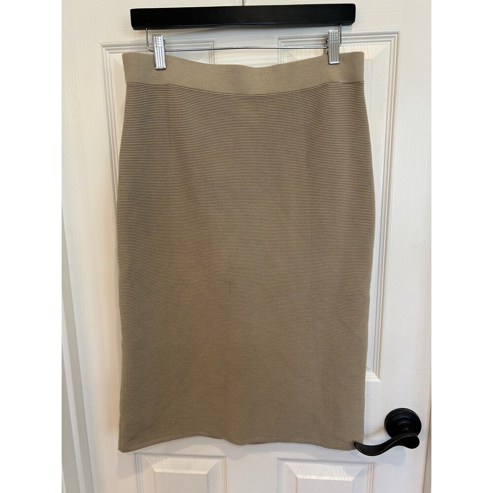 UNIQLO Women Beige Midi Pencil Skirt Sz L Cottonblend Stretch Minimalist Office